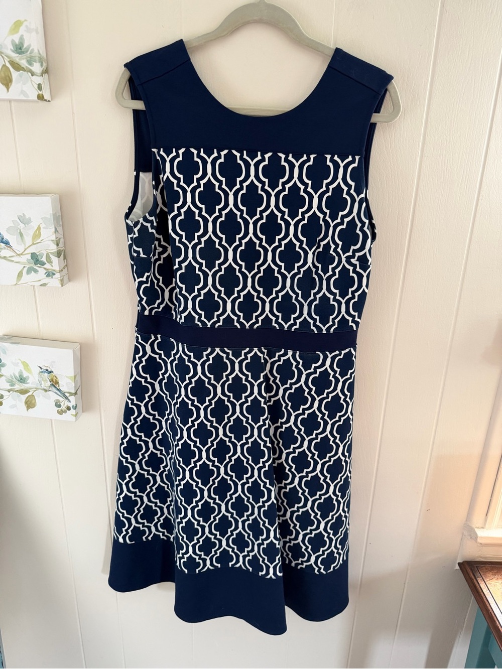 Lands' End Size 14 Navy and White Sleeveless Geometric Fit-and-Flare Dress